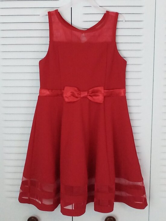 CALVIN KLEIN 8 GIRLS FLARE RED HOLIDAY PARTY CHRISTMAS SHEER SATIN BOW KEY HOLE - Picture 1 of 13